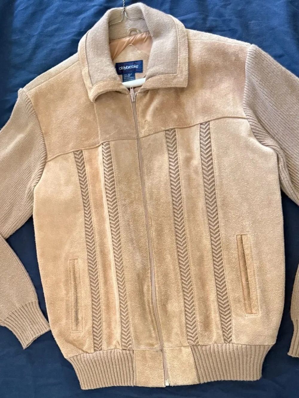 Vintage Claybrooke Suede & Knit Zip Jacket Beige Tan Leather Sweater Korea
